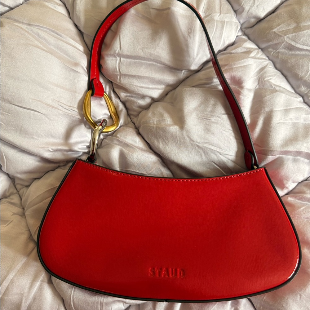 STAUD Vibrant Red Shoulder Bag with Gold Detail